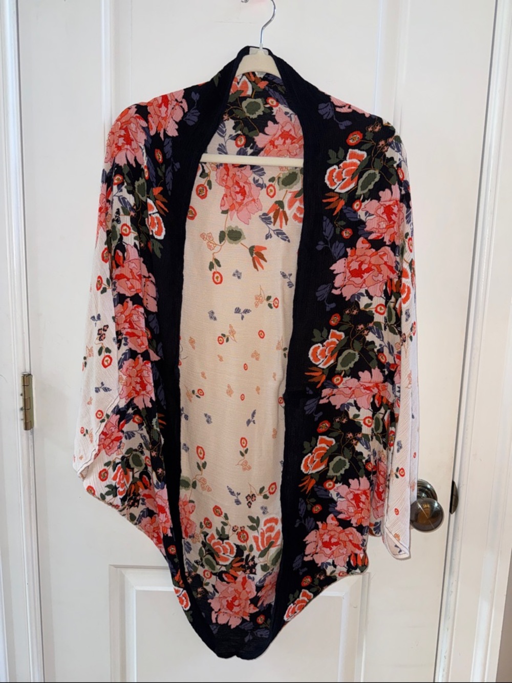 Floral Open-Front Kimono Cardigan - Pink/Black